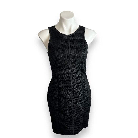 MONTEAU Dress Sz L Black Bodycon Sheath Textured Basketweave Chevron Mini LBD - Picture 11 of 12
